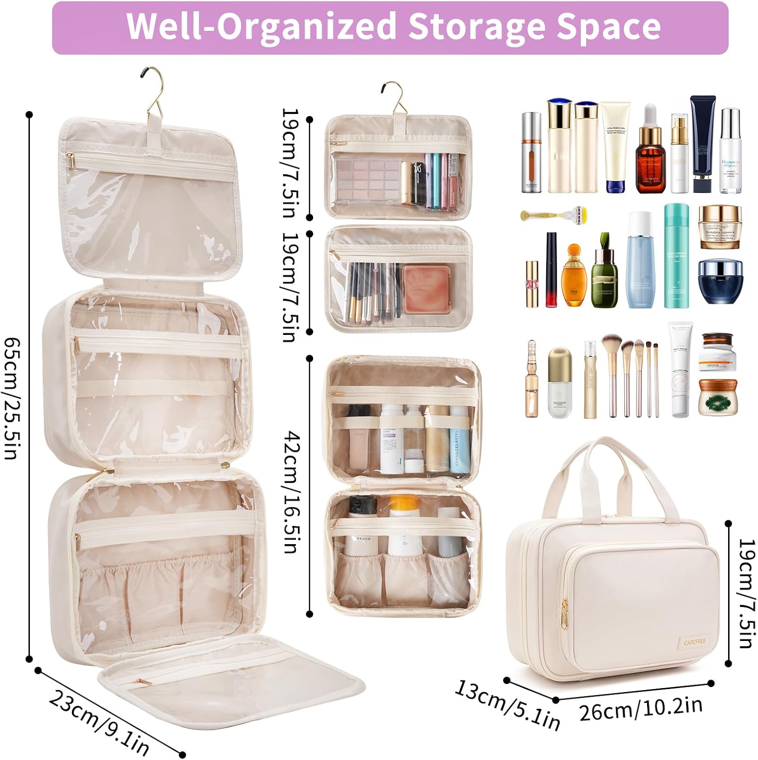 Detalle de YINGLANG Hanging Toiletry Bag – Large Capacity PU Leather Organiser with Clear Window (Pink)