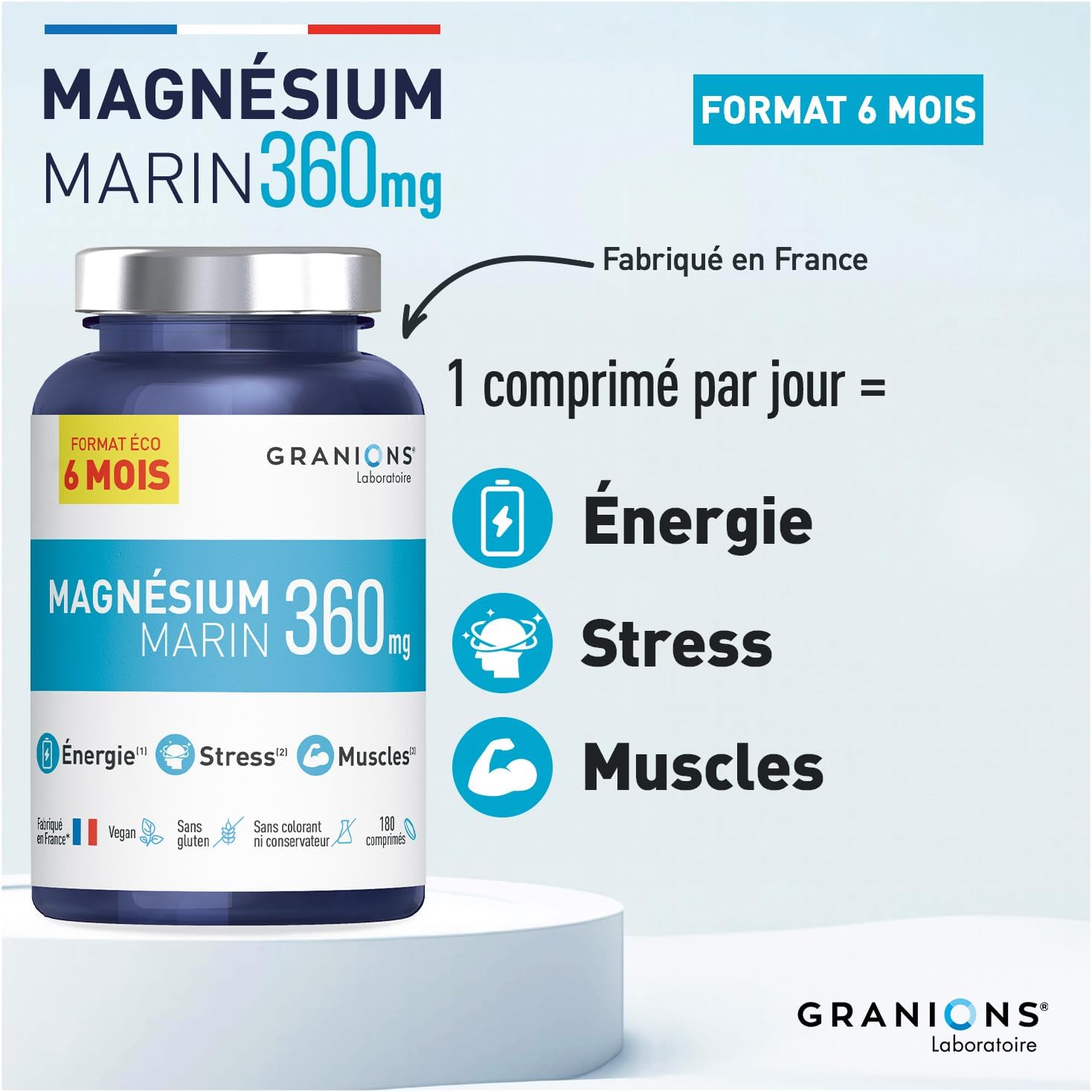 Thumbnail 2 de GRANIONS Magnesium Marin 360 mg – Pillulier 6 mois, Magnésium + Vitamine B6, Anti-stress, 180 comprimés – Laboratoire Granions (France)