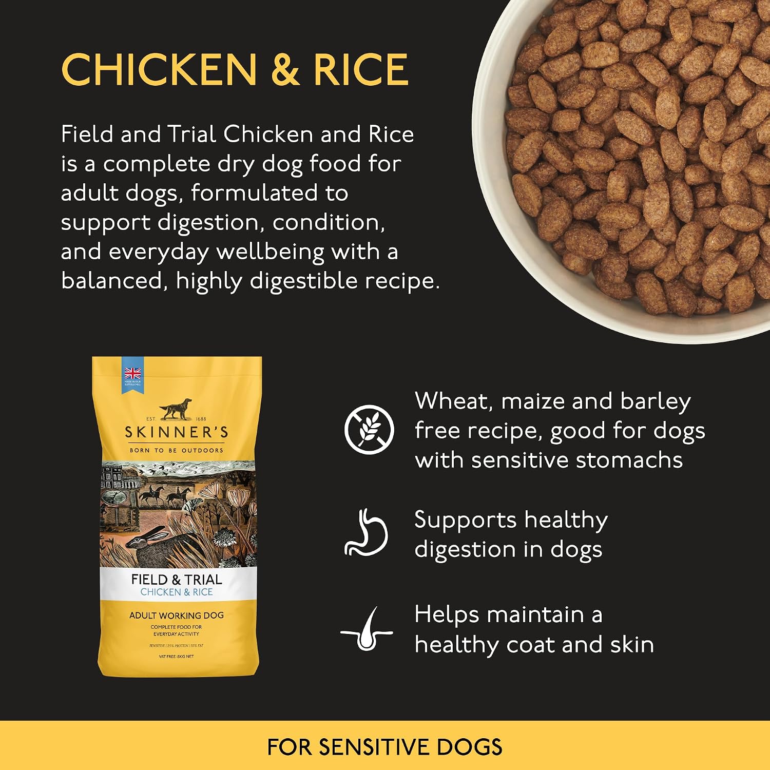 Detalle de Skinner’s Field & Trial Chicken & Rice – Complete Dry Adult Dog Food, Sensitive, Gentle Digestion, 15kg