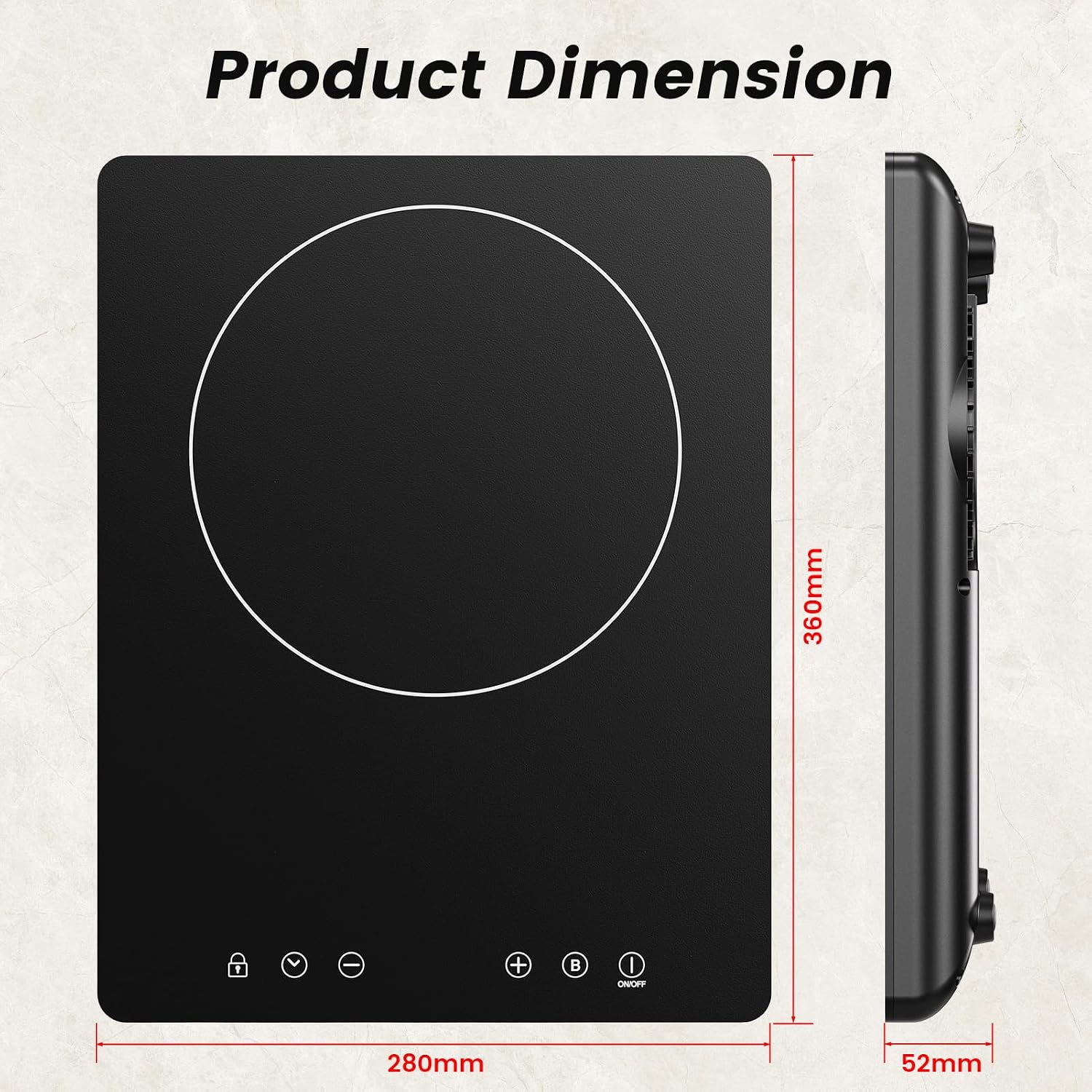 Detalle de BOOVAL PIH201T Single Induction Hob (Black) – 2000W Portable Induction Cooker