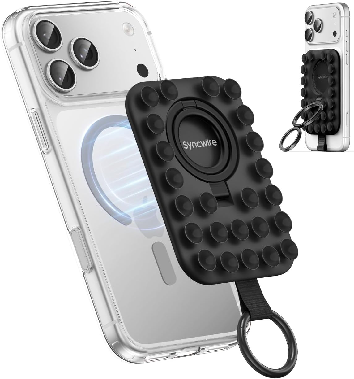 Detalle de Syncwire Magnetic Suction Phone Mount for MagSafe (Midnight Black) with Silicone Octo Cup Grip Ring