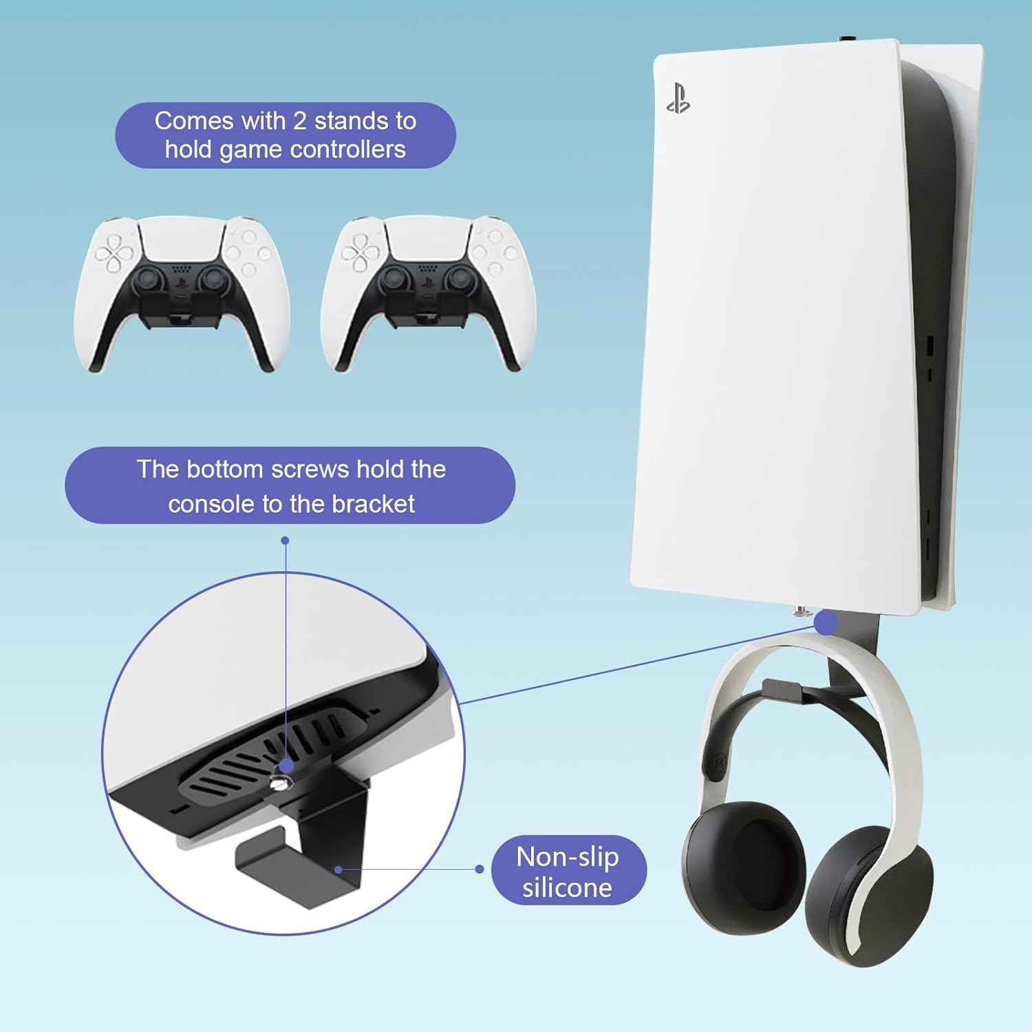 Thumbnail 6 de meiboshin PS5 Wall Mount Heavy-Duty Steel Kit with 2 Controller Holders & Headset Hook (Black)