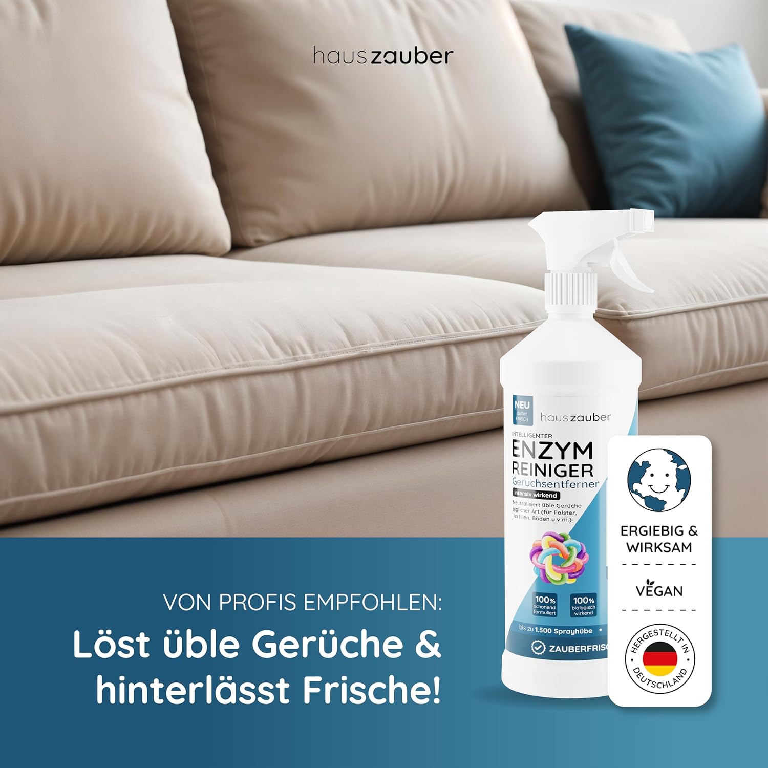Thumbnail 4 de hauszauber Enzymreiniger STARKER GERUCHSENTFERNER 1000 ml – Gegen Katzenurin und Co., zuverlässig auf Böden, Polstern und Textilien