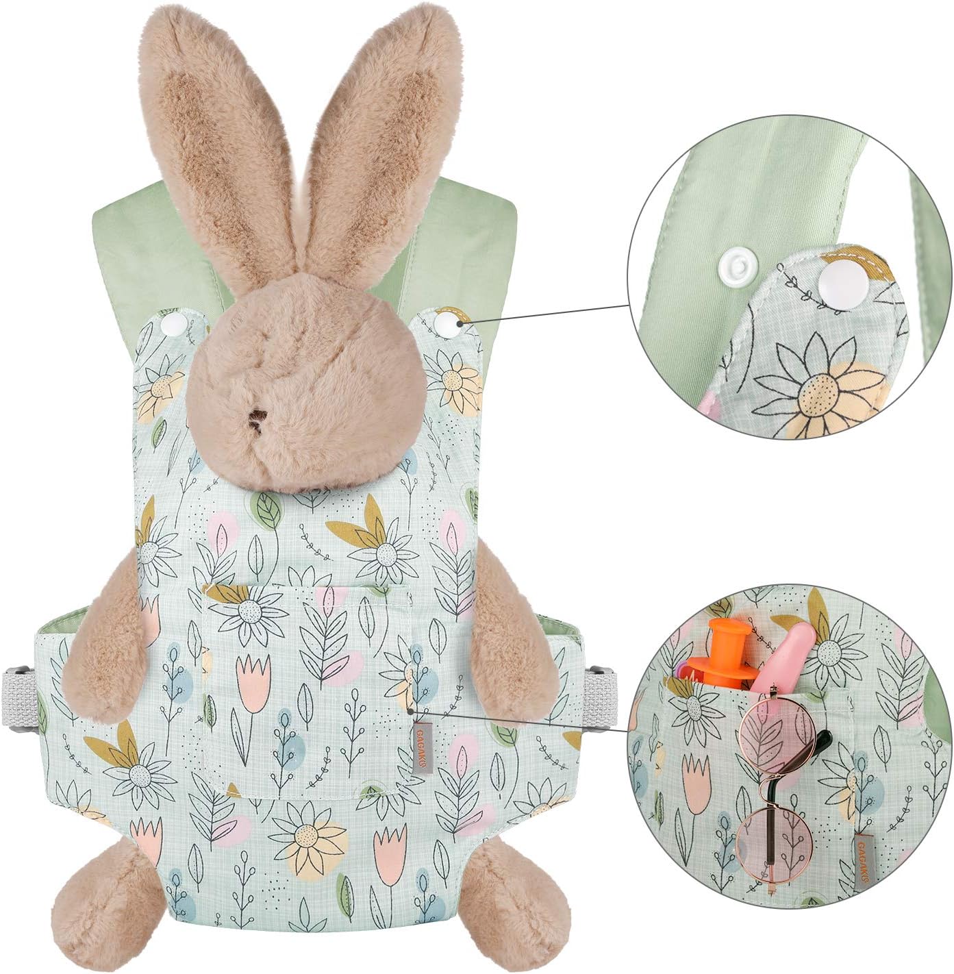 Detalle de GAGAKU Puppentrage – Kuscheltierträger aus Baumwolle, verstellbare Träger, 3 Trageweisen, Grün Sonnenblume