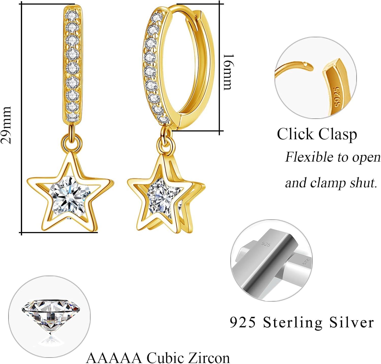 Detalle de Kamise 925 Sterling Silver Hoop Earrings with Star Pendant – Hypoallergenic Dangle Huggies