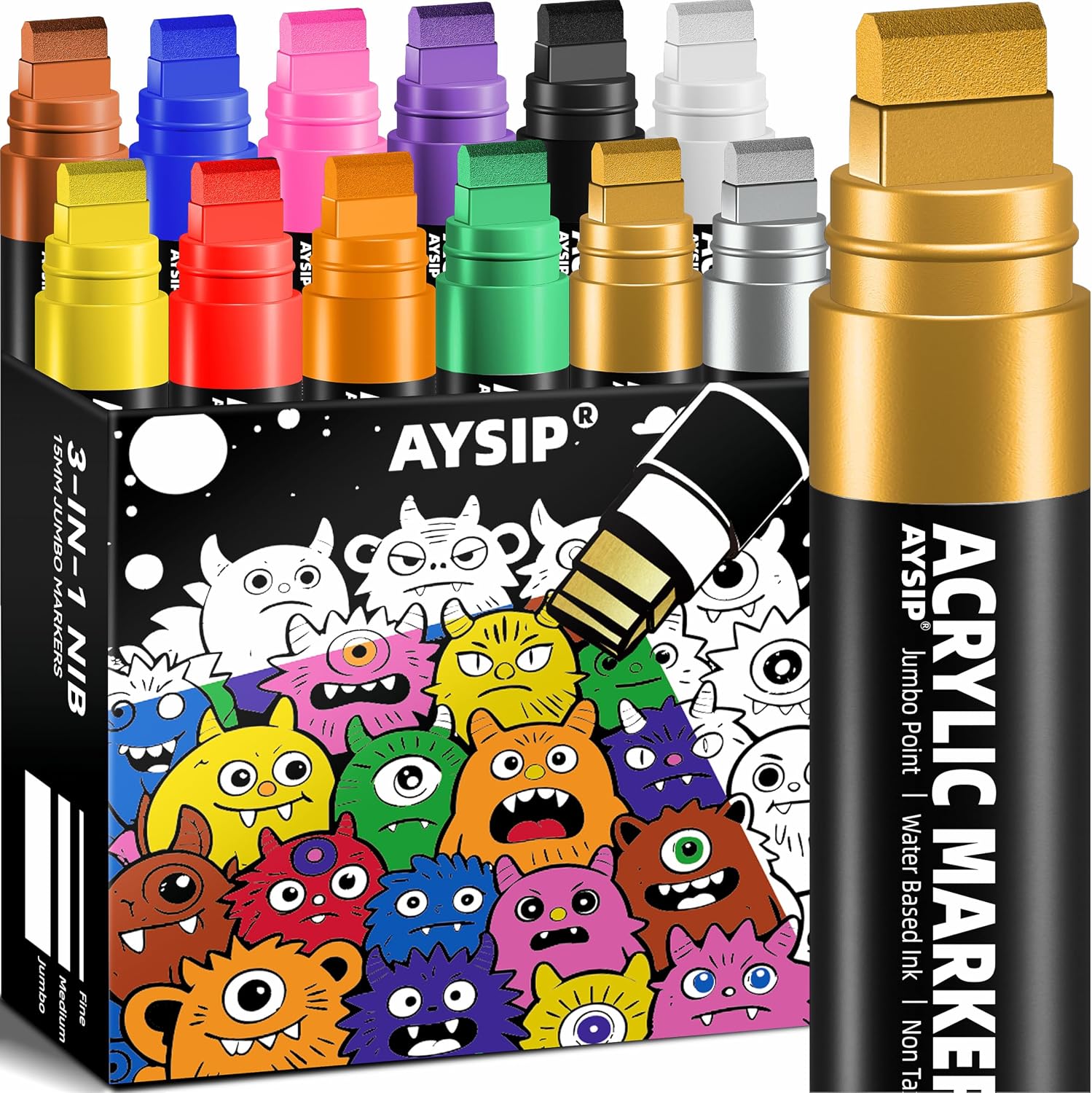 Detalle de AYSIP 12-Color Jumbo Acrylic Paint Markers, 15mm Wide Tip, Multi-Surface