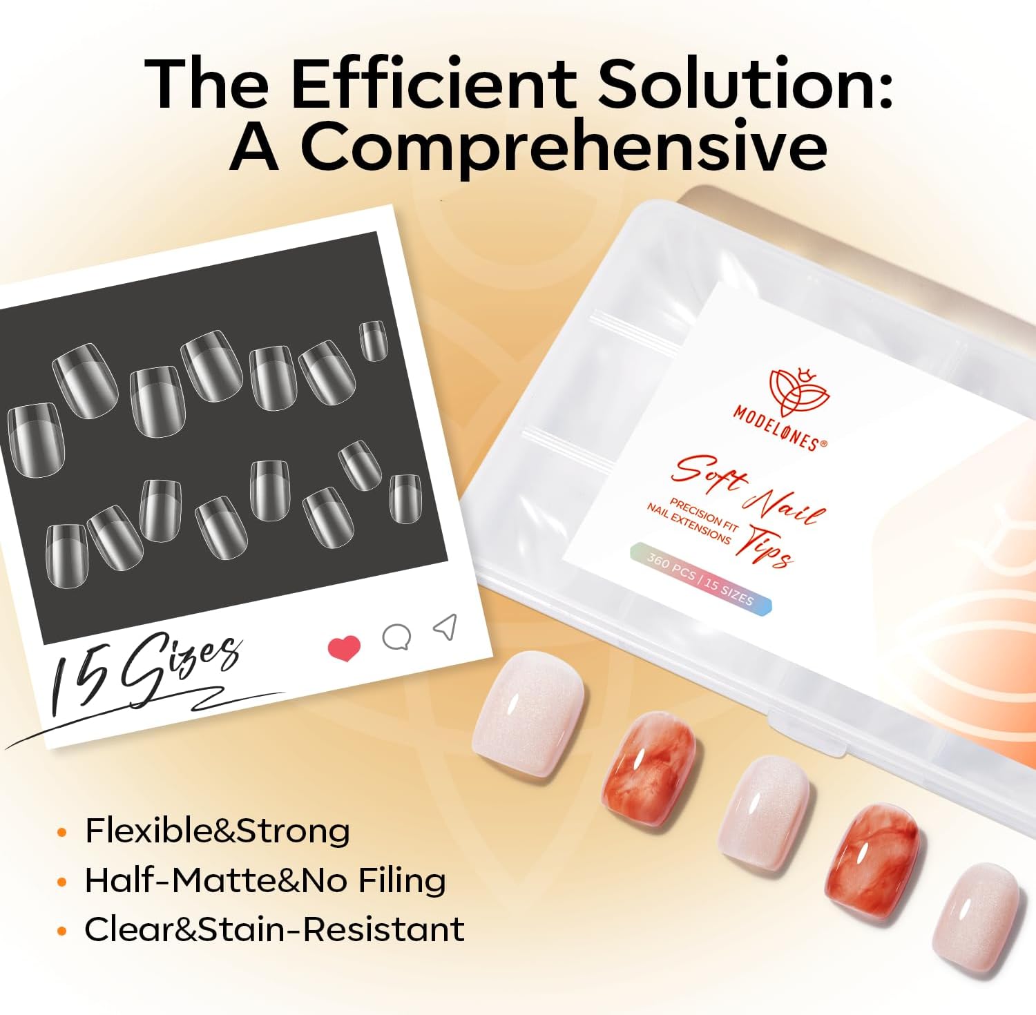 Detalle de Modelones 360 Pezzi Unghie Finte: 15 Taglie Gel Tips per Copertura Completa (XS–MM), Semimate