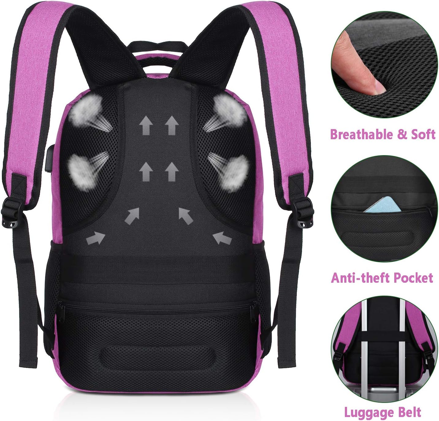 Detalle de YAMTION Schulrucksack für Damen und Mädchen – 35L, Laptopfach 15,6 Zoll, USB-Ladeanschluss