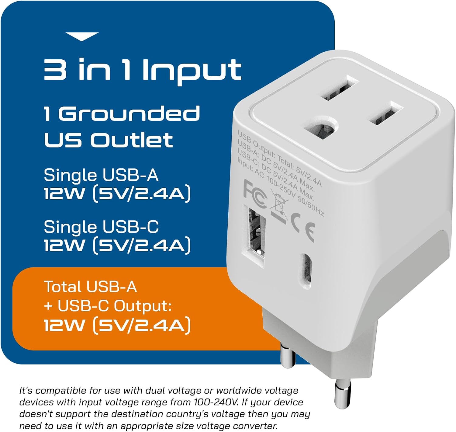 Detalle de Ceptics 3 in 1 European Travel Plug Adapter CTU-9C
