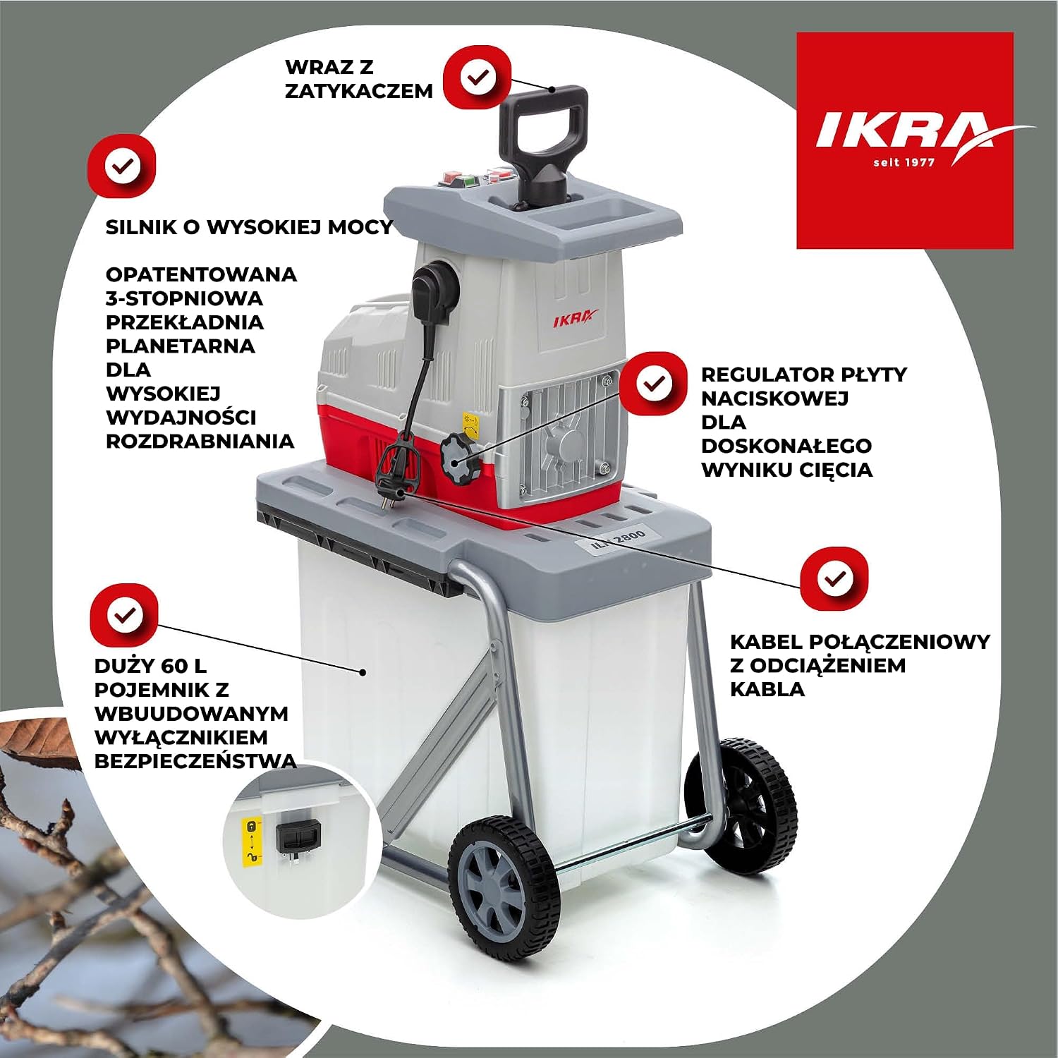 Thumbnail 6 de IKRA ILH 2800 – elektryczny rozdrabniacz walcowy, 2800 W, gałęzie do 44 mm