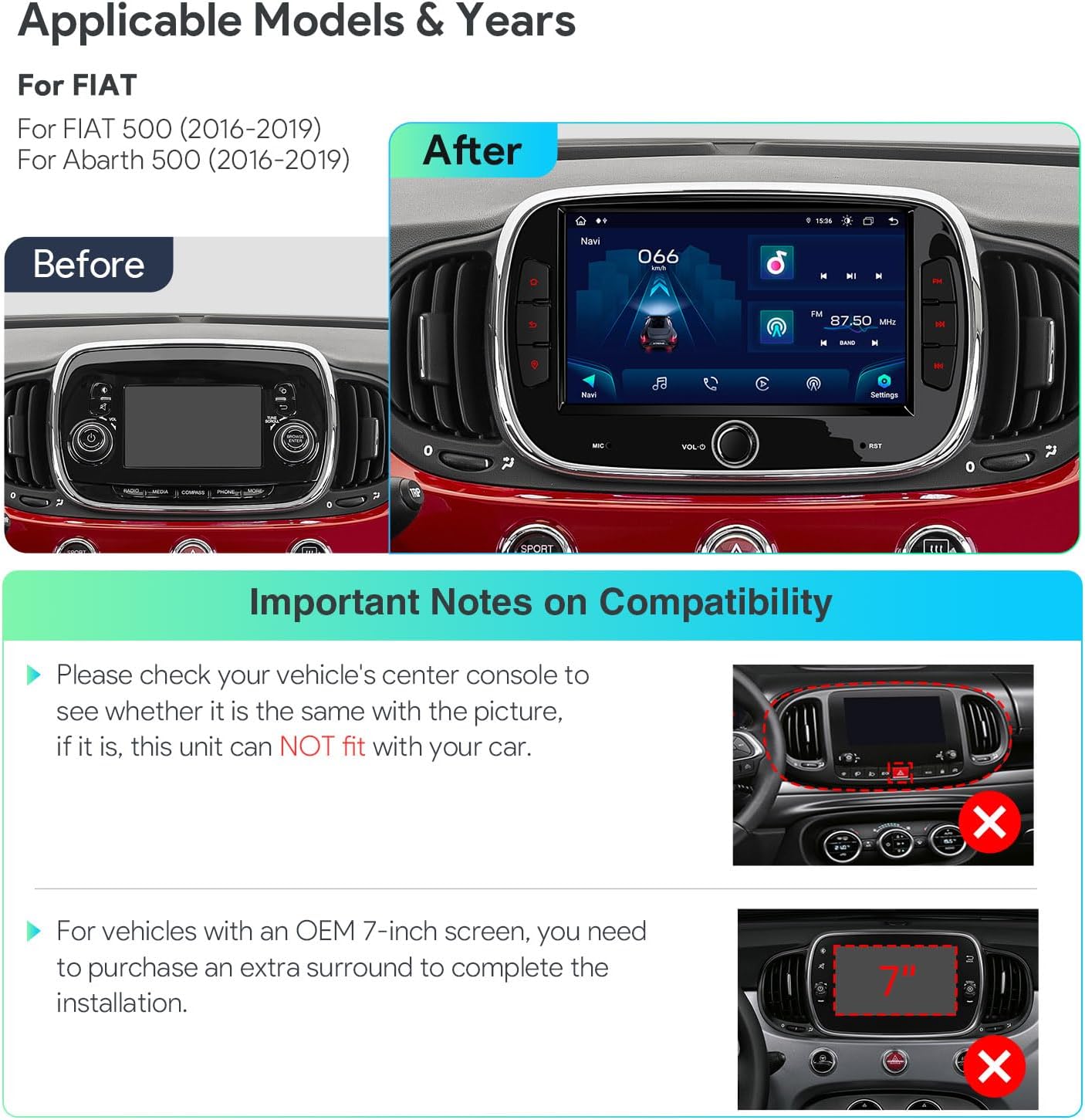Detalle de XTRONS 7-inch car stereo for Fiat/Abarth 500 (2016–2020), Octa‑Core 4GB+128GB with GPS, CarPlay/Android Auto and 4G LTE