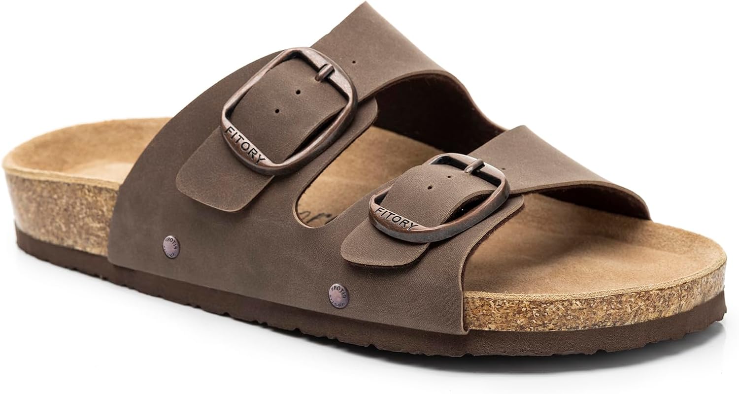 Detalle de FITORY Womens Flat Sandals with Cork Footbed, Open-Toe Slide Sandals (Adjustable, Slip-On)