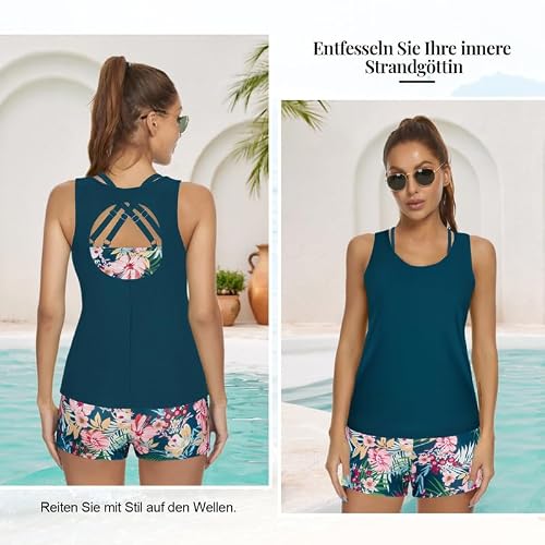 Detalle 2 de JASAMBAC Tankini Damen – Dreiteilige Bademode mit Push-Up Oberteil und Hoher Taille