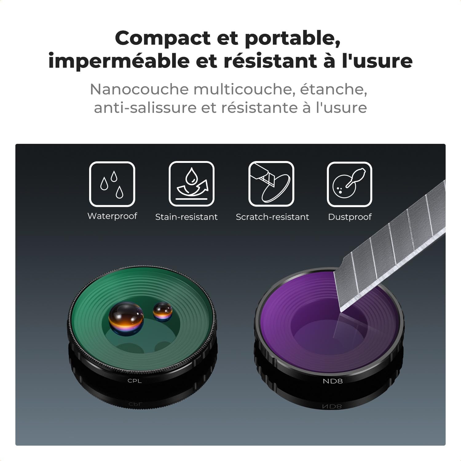 Detalle 2 de K&F CONCEPT Kit de 4 Filtres pour DJI Nano (CPL+ND8+ND16+ND32) – Verre HD et traitement double Antireflet