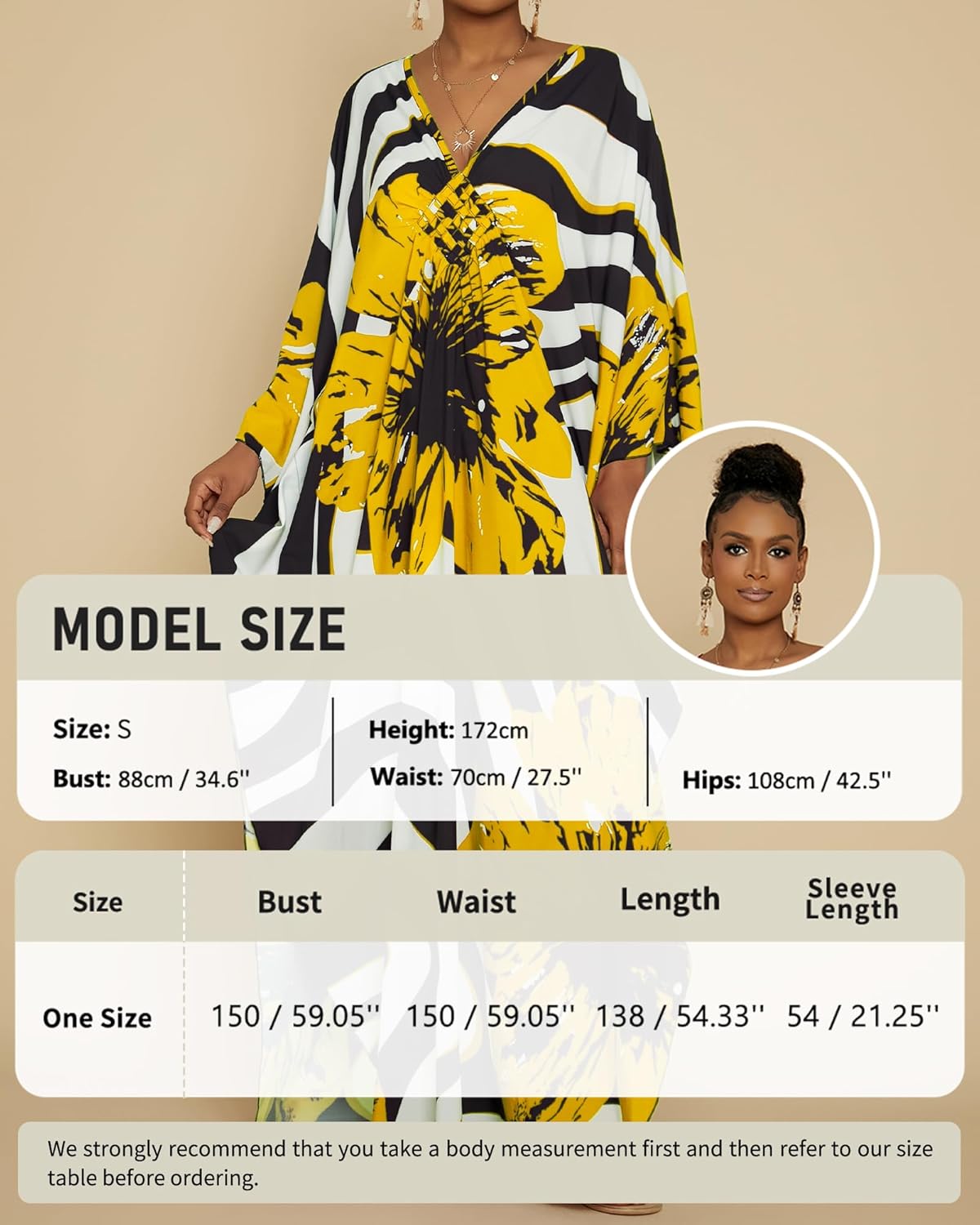 Thumbnail 3 de Plus size ethnic print kaftan beach dress cover up (V-neck, batwing sleeves, side slits)