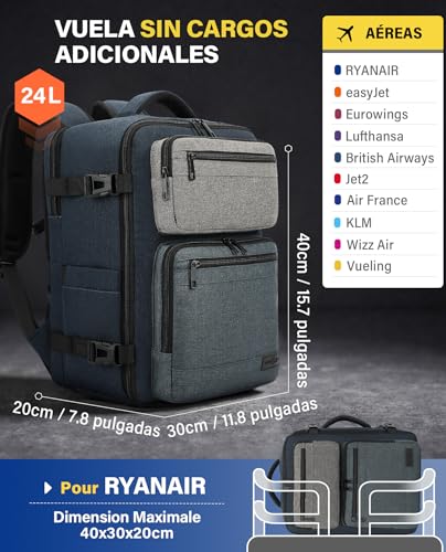 Detalle de VANKEV Mochila de Cabina 40x30x20 cm (24 L) para Vueling, Ryanair, EasyJet y más — portátil de 15,6
