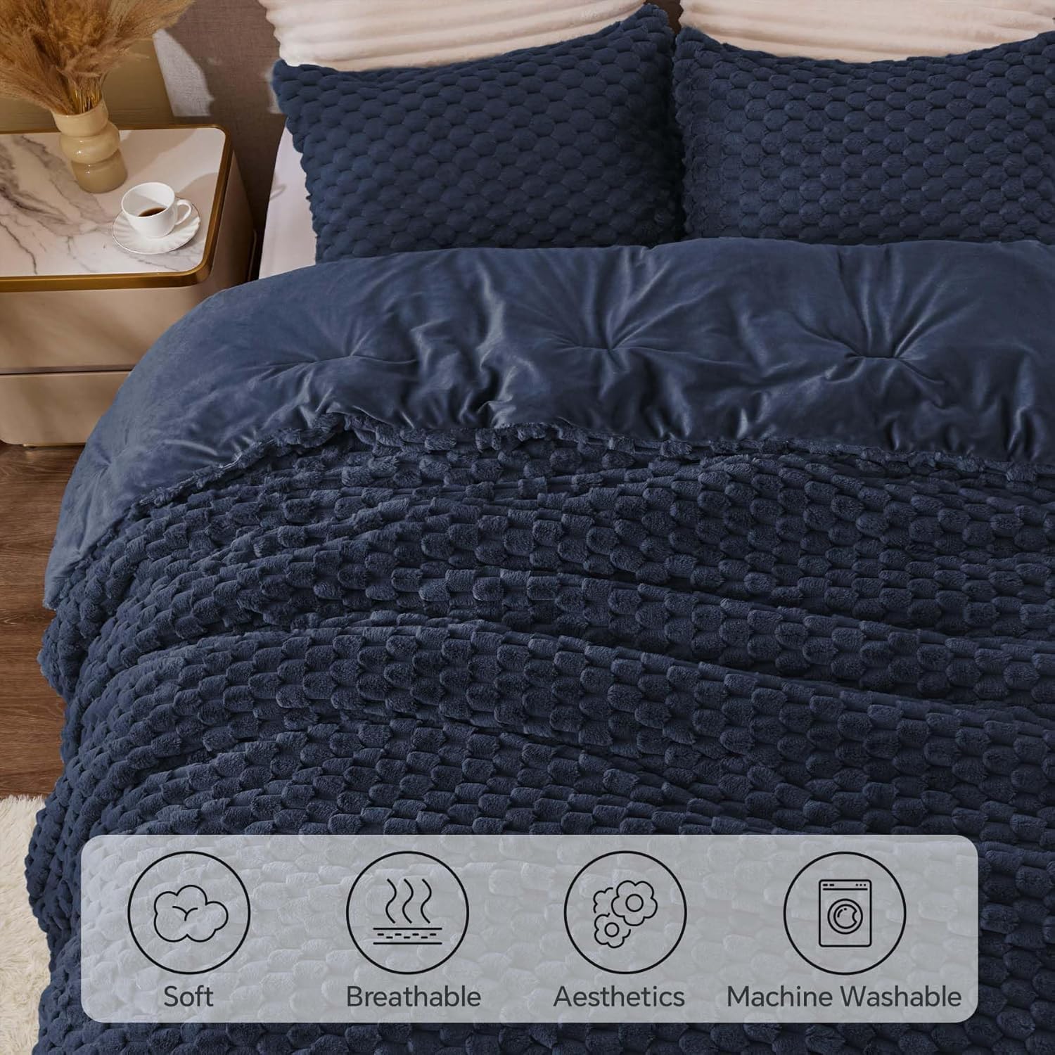 Thumbnail 3 de BEDELITE Fluffy King Size Comforter Set, Navy Blue Fleece, 3 Pieces