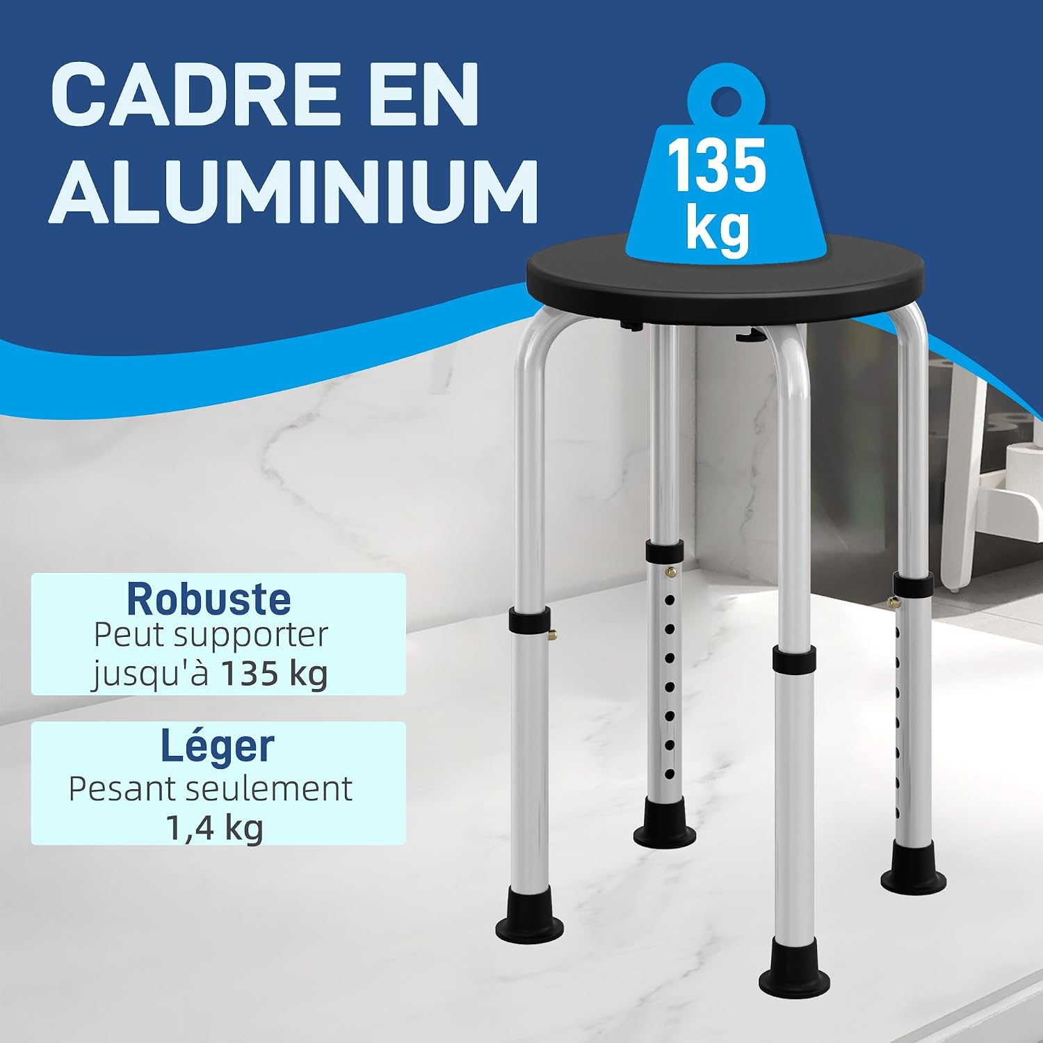 Detalle de HOMCOM 713-166V00BK douchekruk, 8 hoogtestanden en antislipvoeten