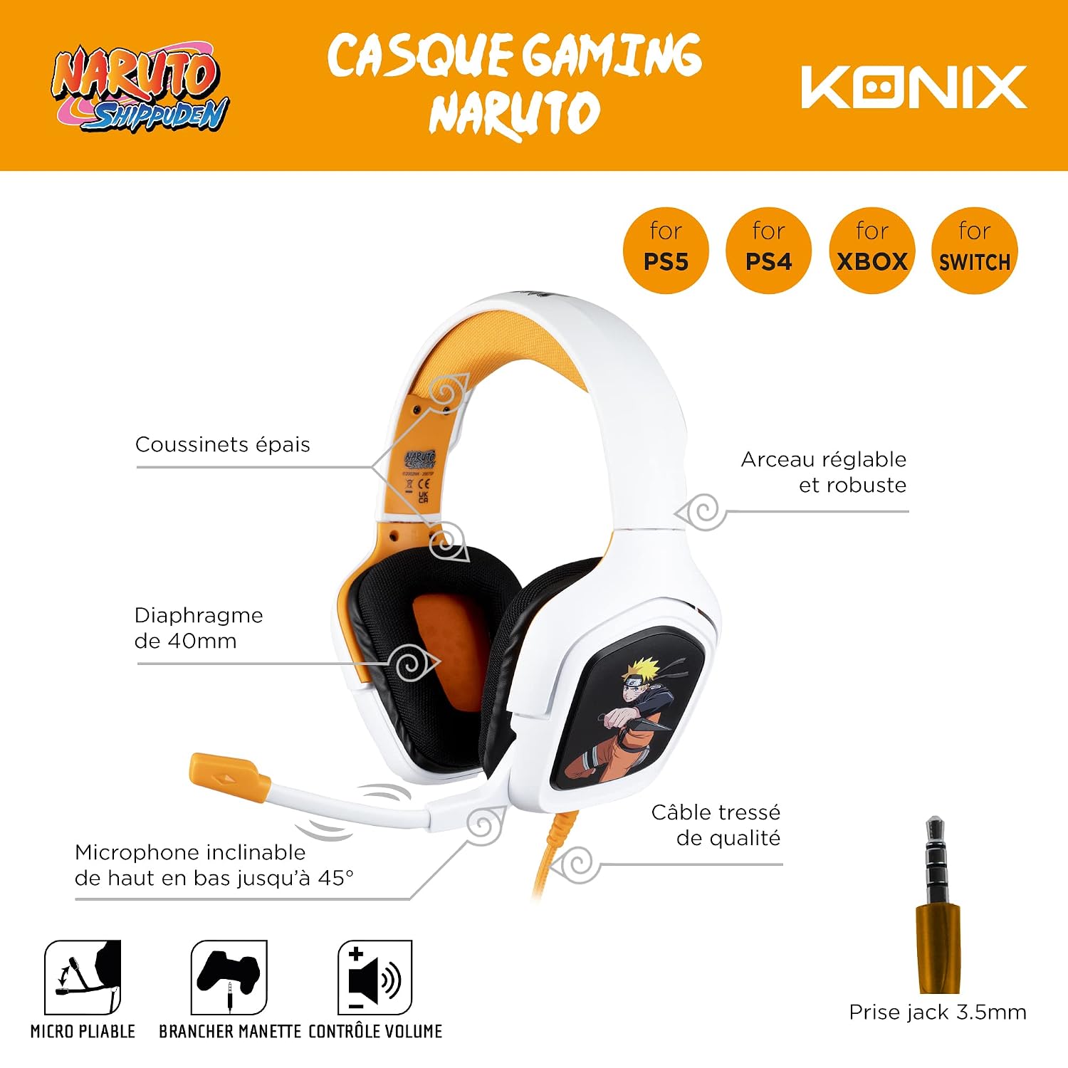 Detalle de Konix Naruto Shippuden Gaming-Headset kabelgebunden – 3,5 mm, 1,5 m, kompatibel mit PS4/PS5/Switch/Xbox