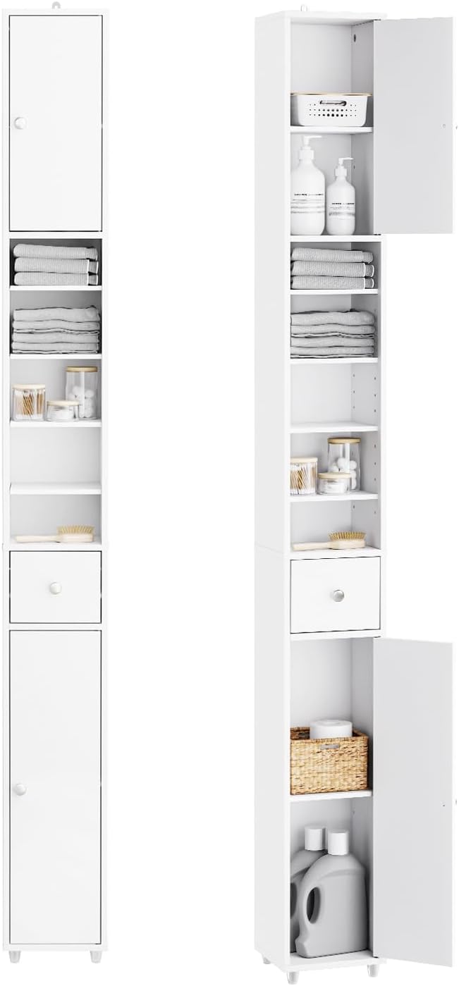 Detalle de SoBuy BZR34-W Bathroom Cabinet, 20 cm Slim White Storage with Adjustable Shelves