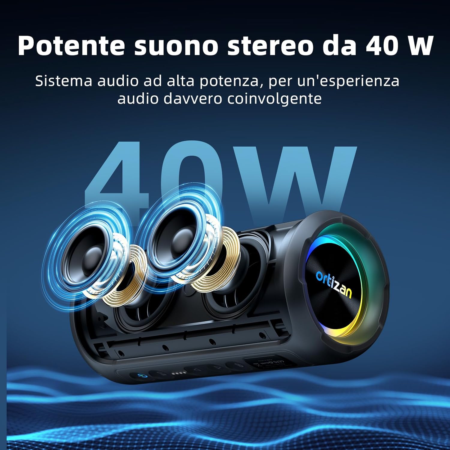 Detalle de Ortizan X8Pro: Cassa Bluetooth 40W, IPX7 e 30 Ore di Riproduzione per Feste