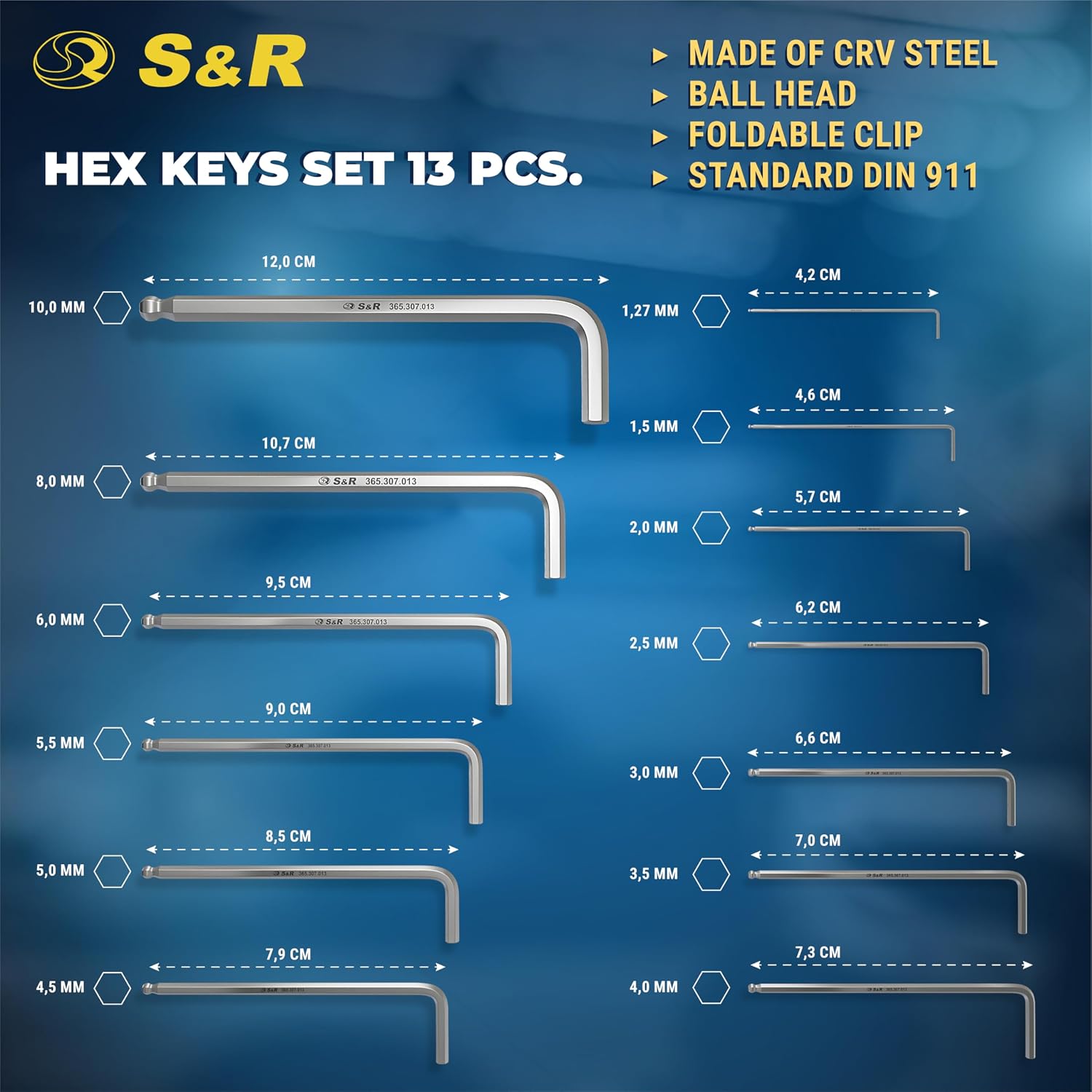 Detalle 2 de S&R 365.307.013 insexnyckelsats, 13 delar med kulhuvud i härdat CrV-stål