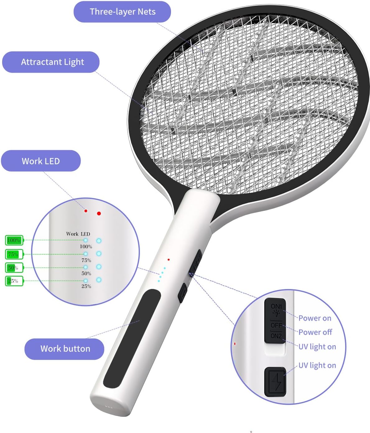 Detalle 2 de DEEZEE 2-Pack Electric Fly Swatter 4500V Bug Zapper Racket: 2-in-1, Rechargeable, Indoor/Outdoor