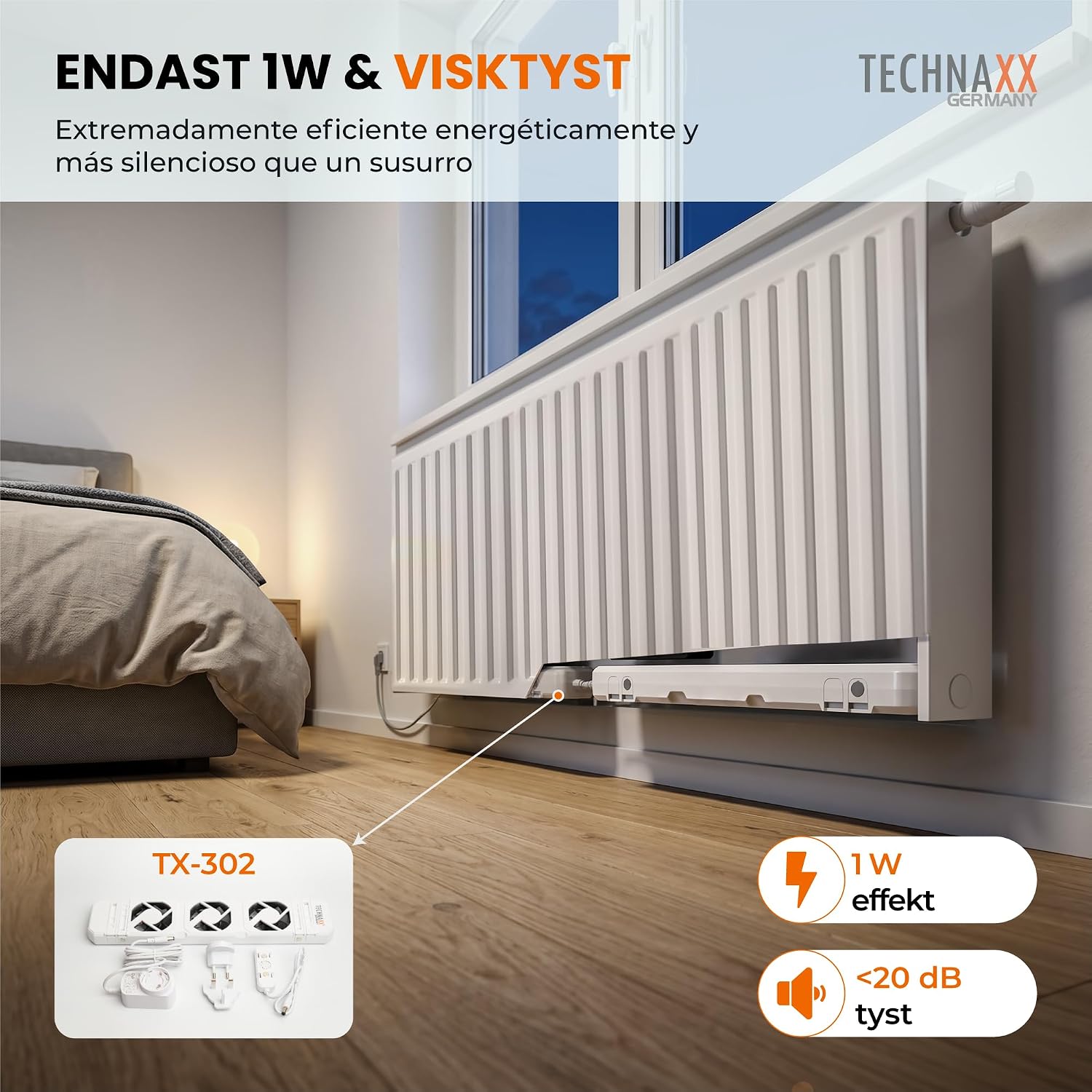 Detalle de Technaxx TX-303 radiatorfläktförlängning för TX-302, 100–200 cm, under 20 dB