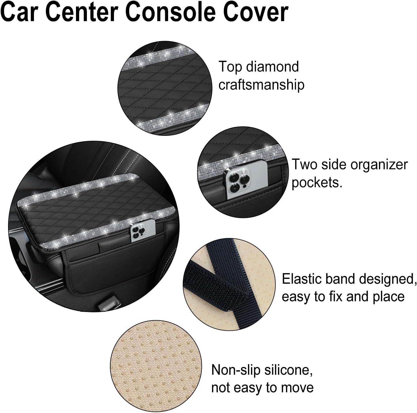 Thumbnail 2 de NBTEPEM Bling Car Center Console Cover — Leather Arm Rest with 2 Storage Pockets (Silver)
