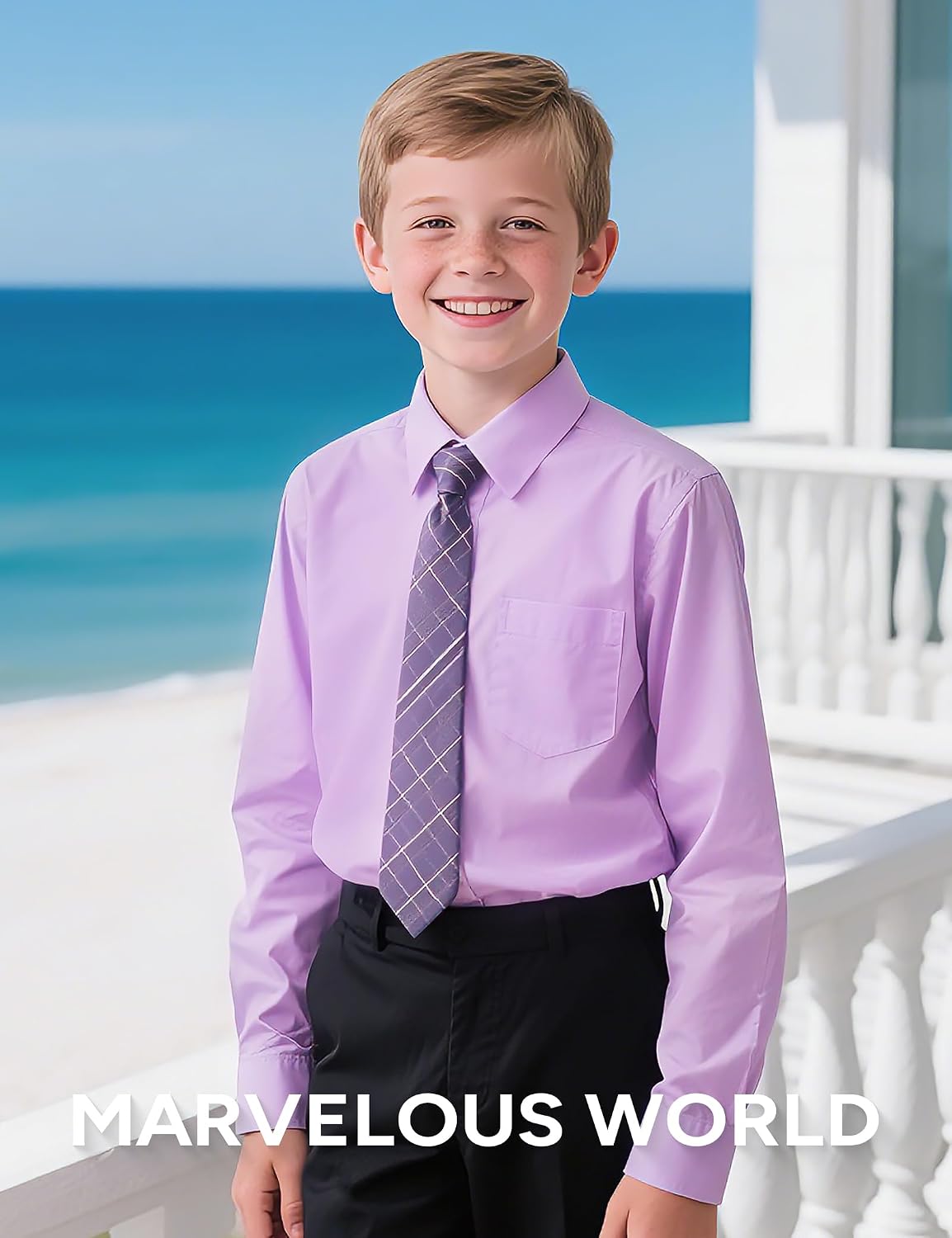Detalle 2 de Marvelous World Boys’ Long-Sleeve Button-Down Dress Shirt, Cotton Blend