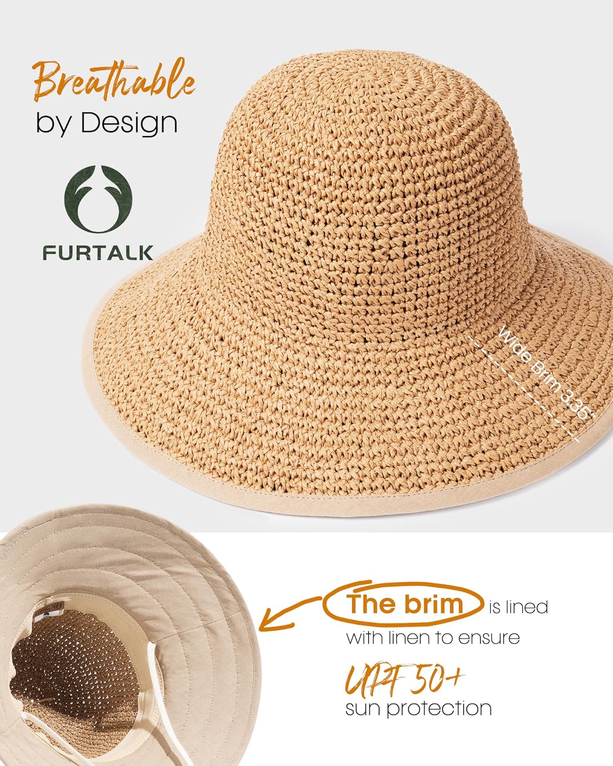 Detalle de FURTALK Summer Straw Beach Hat for Women with UPF 50: Foldable Wide-Brim Sun Hat
