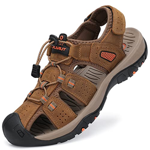 Detalle de FLARUT Sandalias Deportivas para Hombre - Sandalias de Senderismo en Cuero Marrón Claro Talla 46 EU
