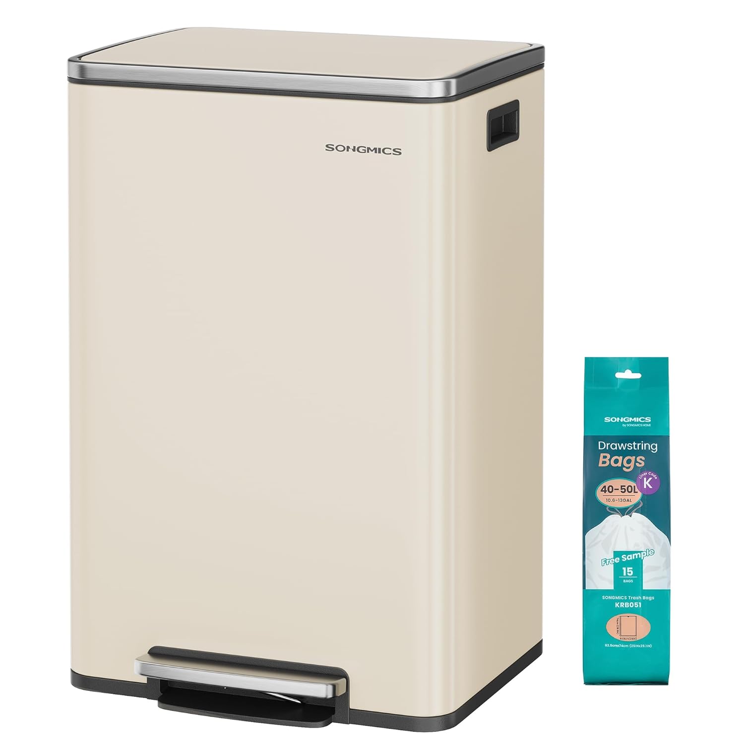SONGMICS LTB595A02 Poubelle de cuisine 50 L crème avec couvercle à fermeture douce et seau intérieur amovible
