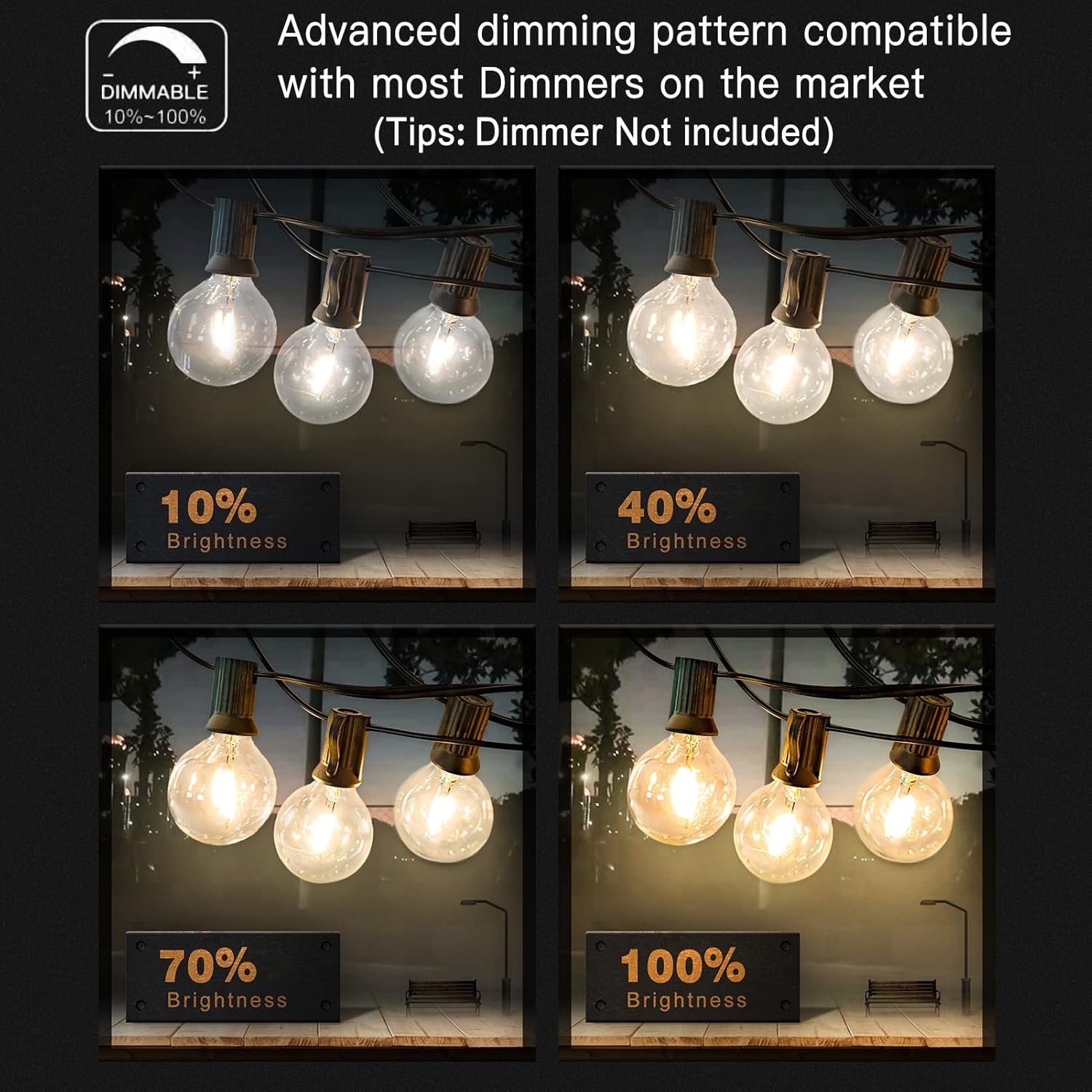 Thumbnail 4 de Achin 200FT Outdoor String Lights G40 Globe Patio Lights with 104 Shatterproof LEDs, IP44 Waterproof, Dimmable, 2-Pack (200FT Total)