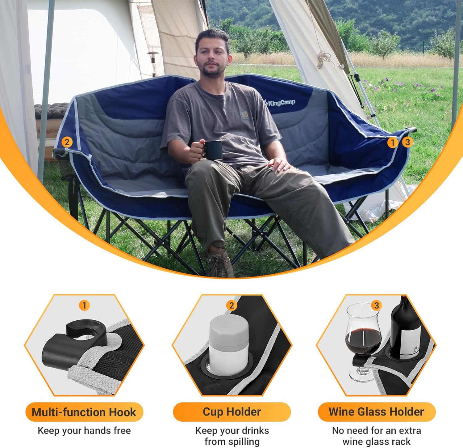Detalle de KingCamp 3 Person Camping Chair: Oversized Heavy-Duty Loveseat for Outdoor Comfort