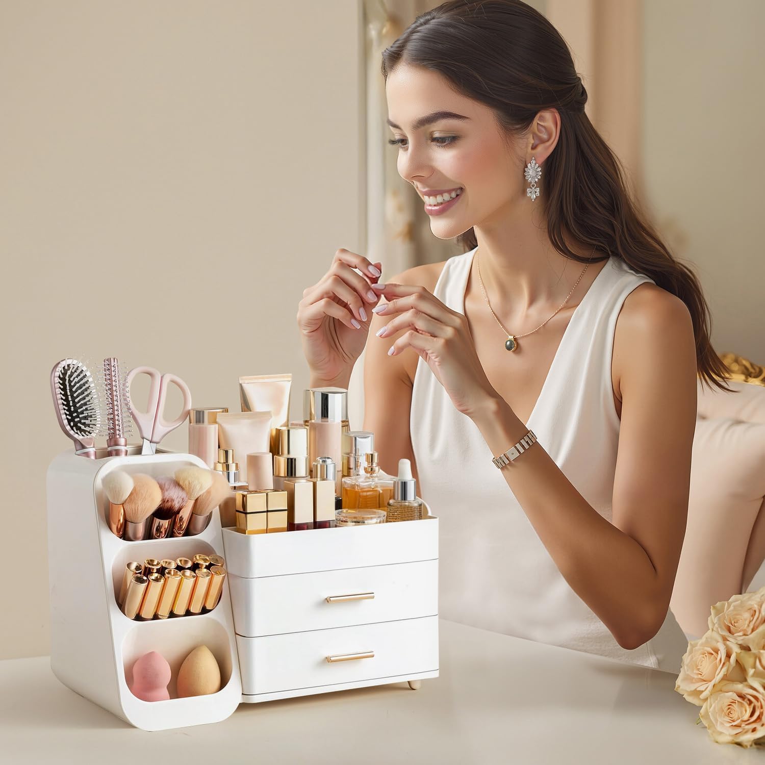 Detalle de HBlife Kosmetik Organizer mit Schubladen – 3-in-1 Make-up Aufbewahrung, Große Kapazität, Weiß