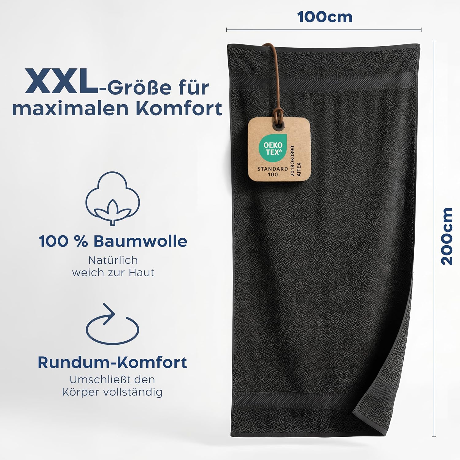 Thumbnail 2 de Twinzen Saunahandtuch 100x200 cm – XXL Baumwoll-Frottee, saugstark, weich und OEKO-TEX zertifiziert (Anthrazit)