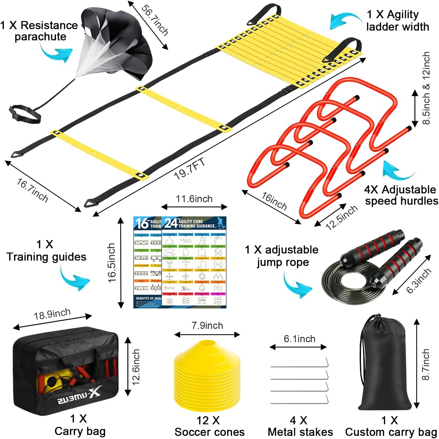 Detalle 2 de X-UMEUS Agility Ladder Speed Training Equipment Set (20ft ladder, cones, hurdles, jump rope, speed parachute)