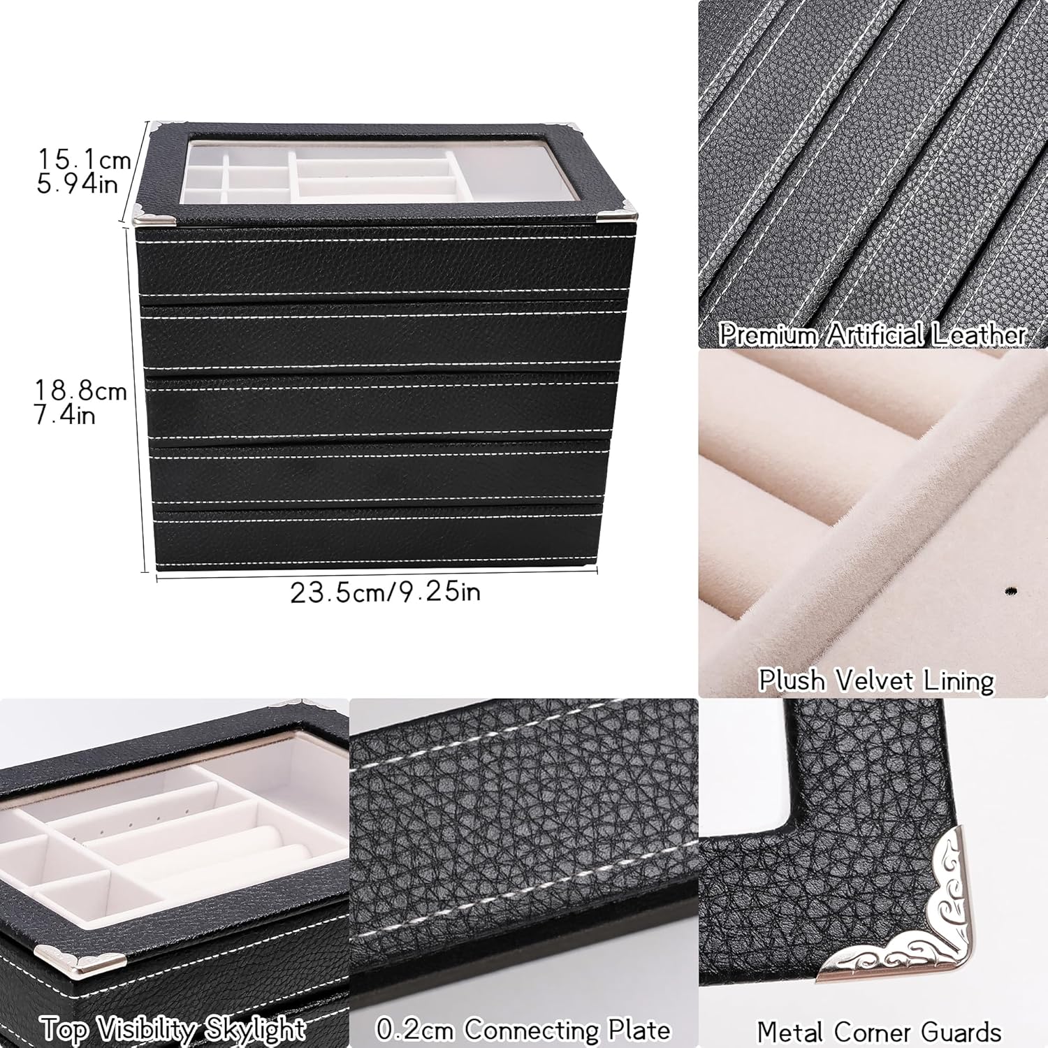 Detalle de Boxudeli Schmucktablett mit 5 Ebenen, stapelbar und abnehmbarer Deckel (Schwarz)