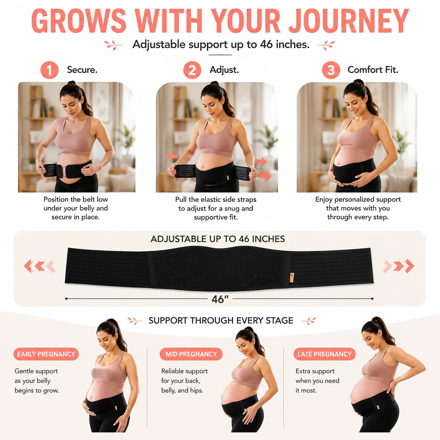 Detalle de AZMED AZM-BLACK-MTERNITY-BELT Maternity Belt, Adjustable 35–46-Inch Support