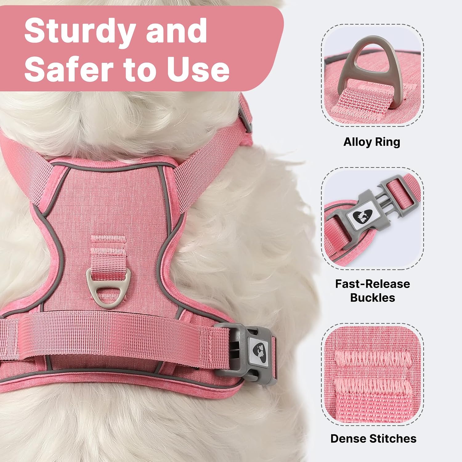 Detalle de Belababy Dog Harness Small Dog (Pink S) – anti-pull dog harness with soft padded handle
