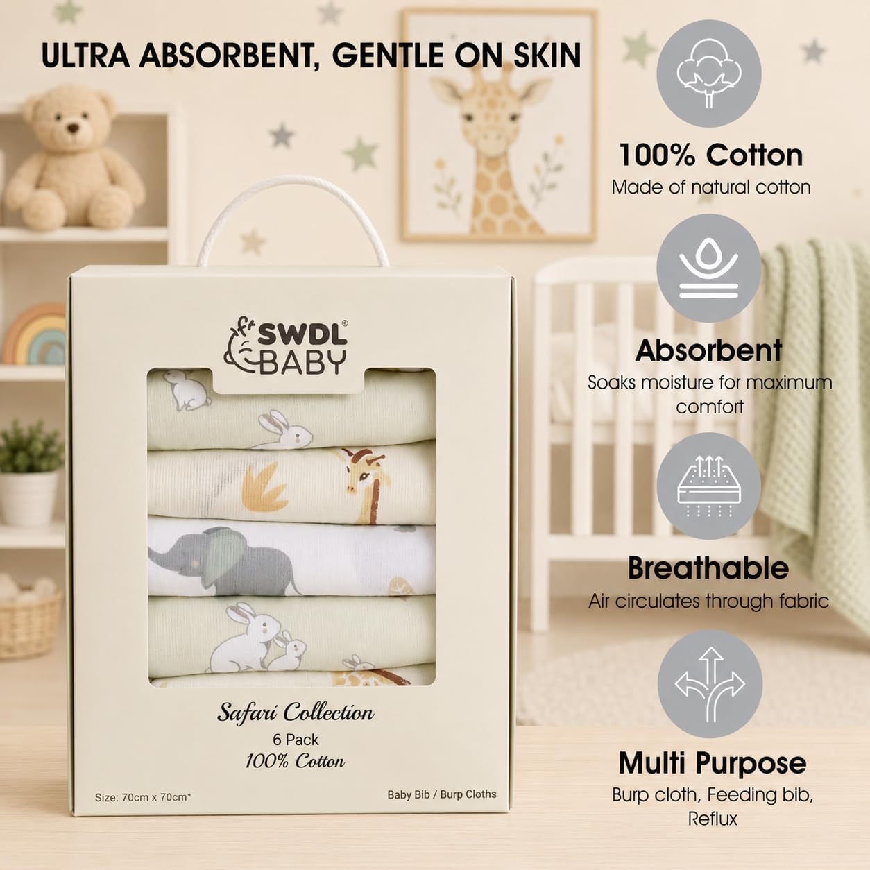 Thumbnail 3 de Large Baby Muslin Cloths Pack of 6 70 x 70 cm