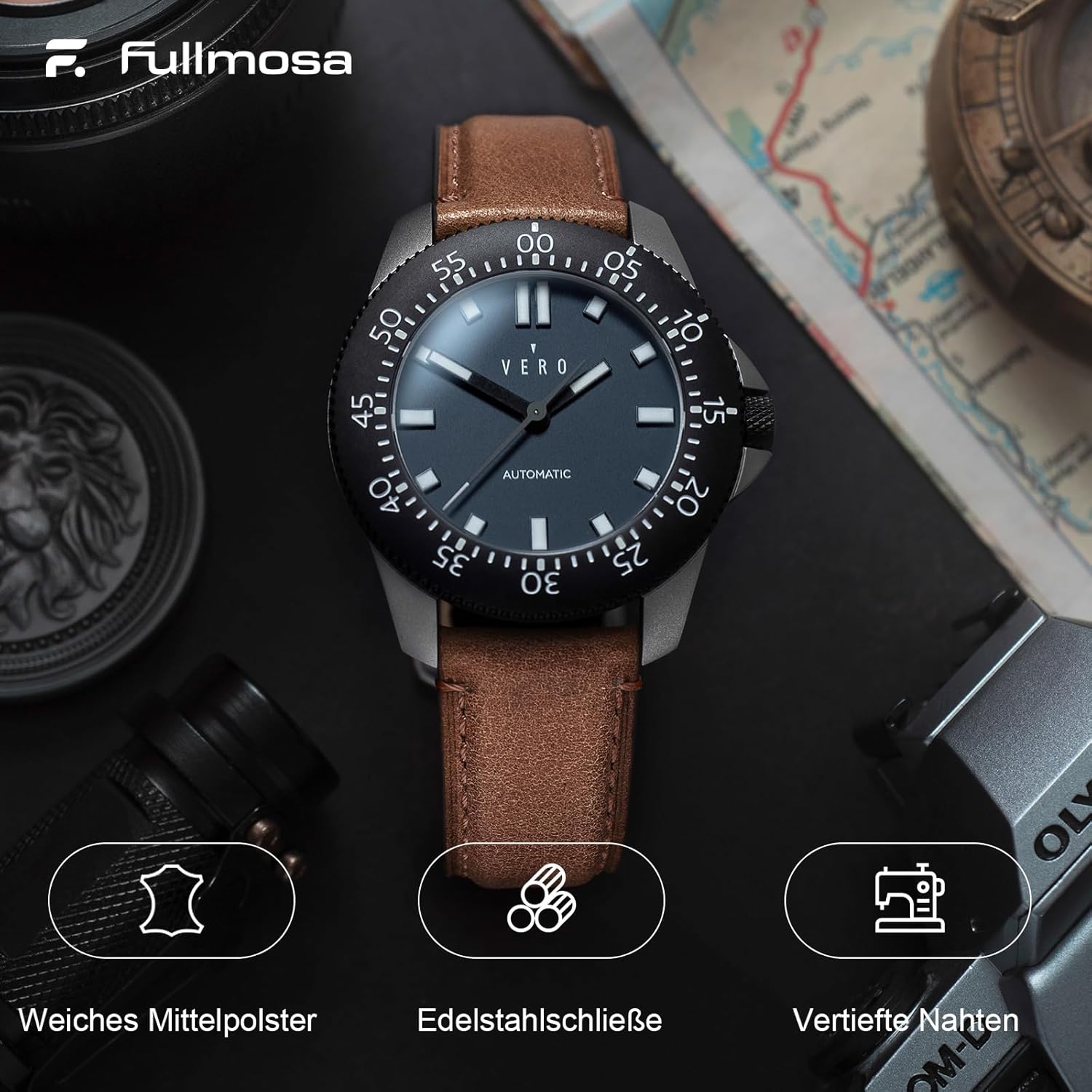 Detalle 2 de Fullmosa 22mm Uhrenarmband Leder dunkelbraun