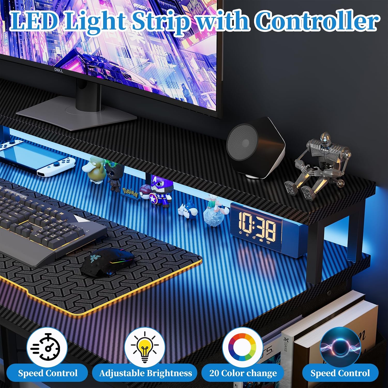 Thumbnail 3 de Grandder 100cm Reversible L-Shaped Gaming Desk with Power Sockets & LED Lights