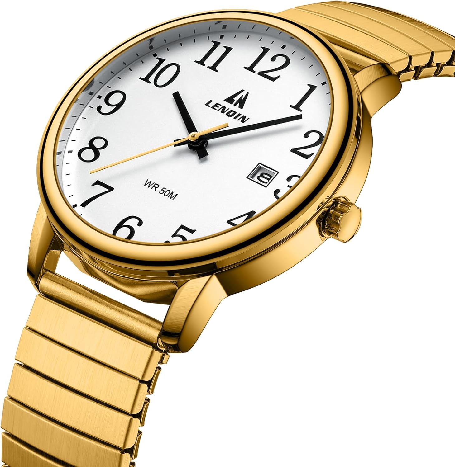 Detalle de LN LENQIN men’s 38 mm analog quartz watch with stainless steel expansion strap (water-resistant, easy-read dial)