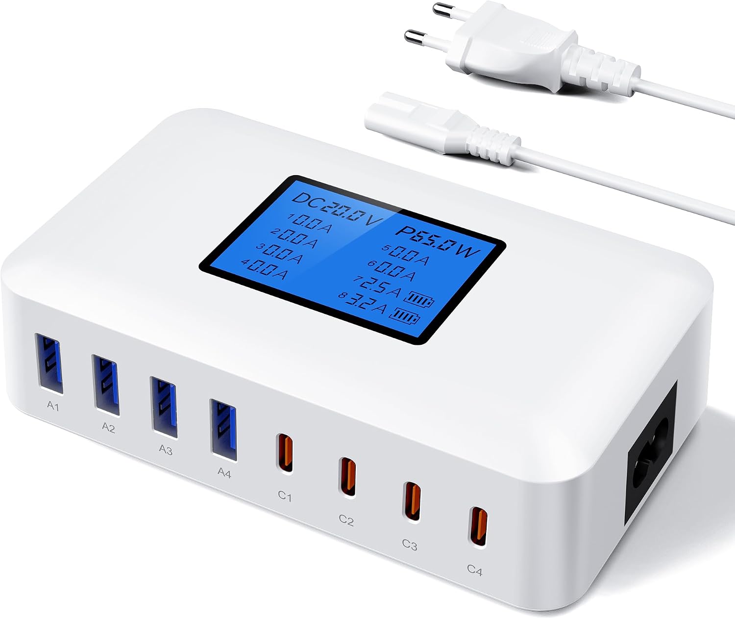 Detalle de RENGOGA USB-laddare med 8 portar, GaN, LED-skärm och 200 W