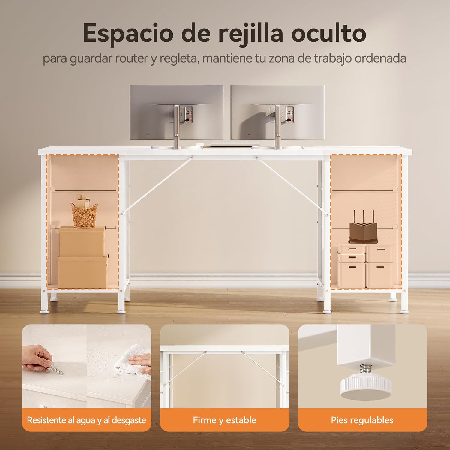 Detalle de Coleshome ODF-r24 skrivbord med 6 lådor, hylla och USB-uttag, 160 × 52 cm