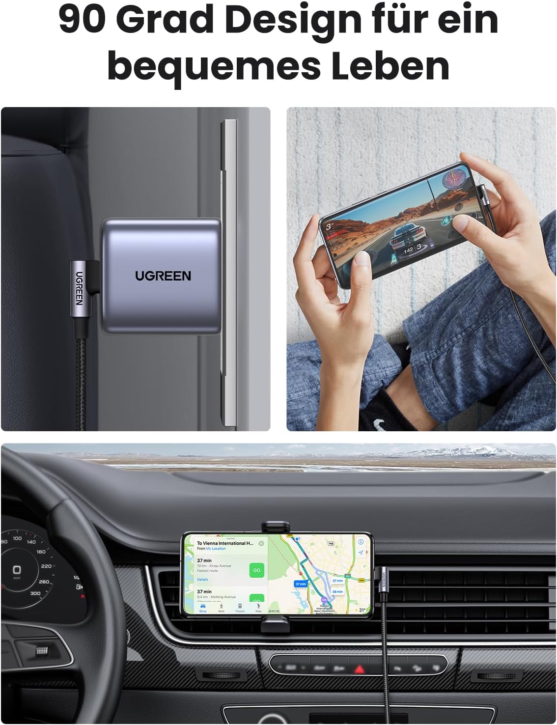 Detalle 1 de UGREEN 60W USB-C auf USB-C Winkel PD 3.0 PPS Kabel, 2 m