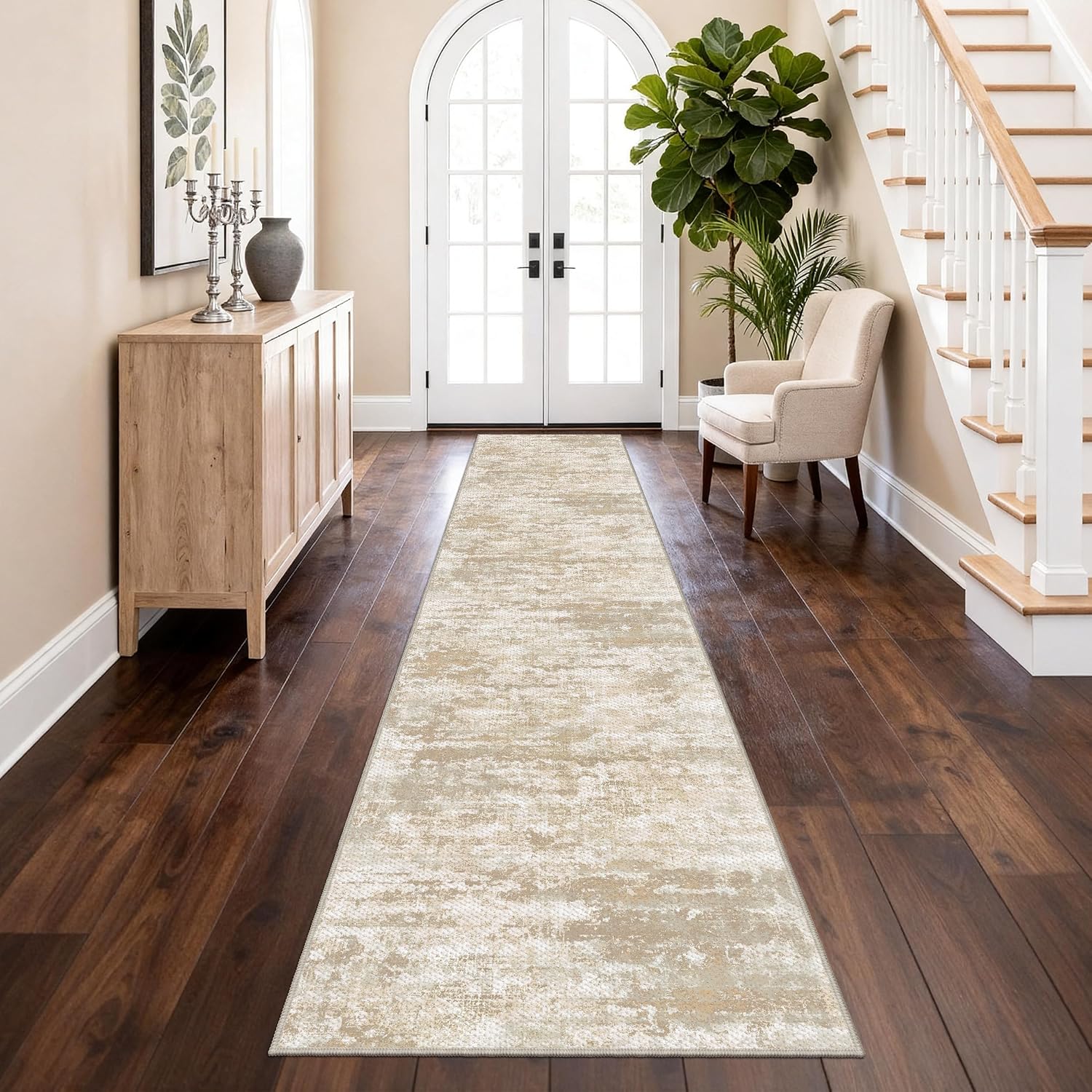 Thumbnail 2 de TTelephant Nina Washable Hallway Runner Rug, 2.6 x 14 ft, Beige/Yellow