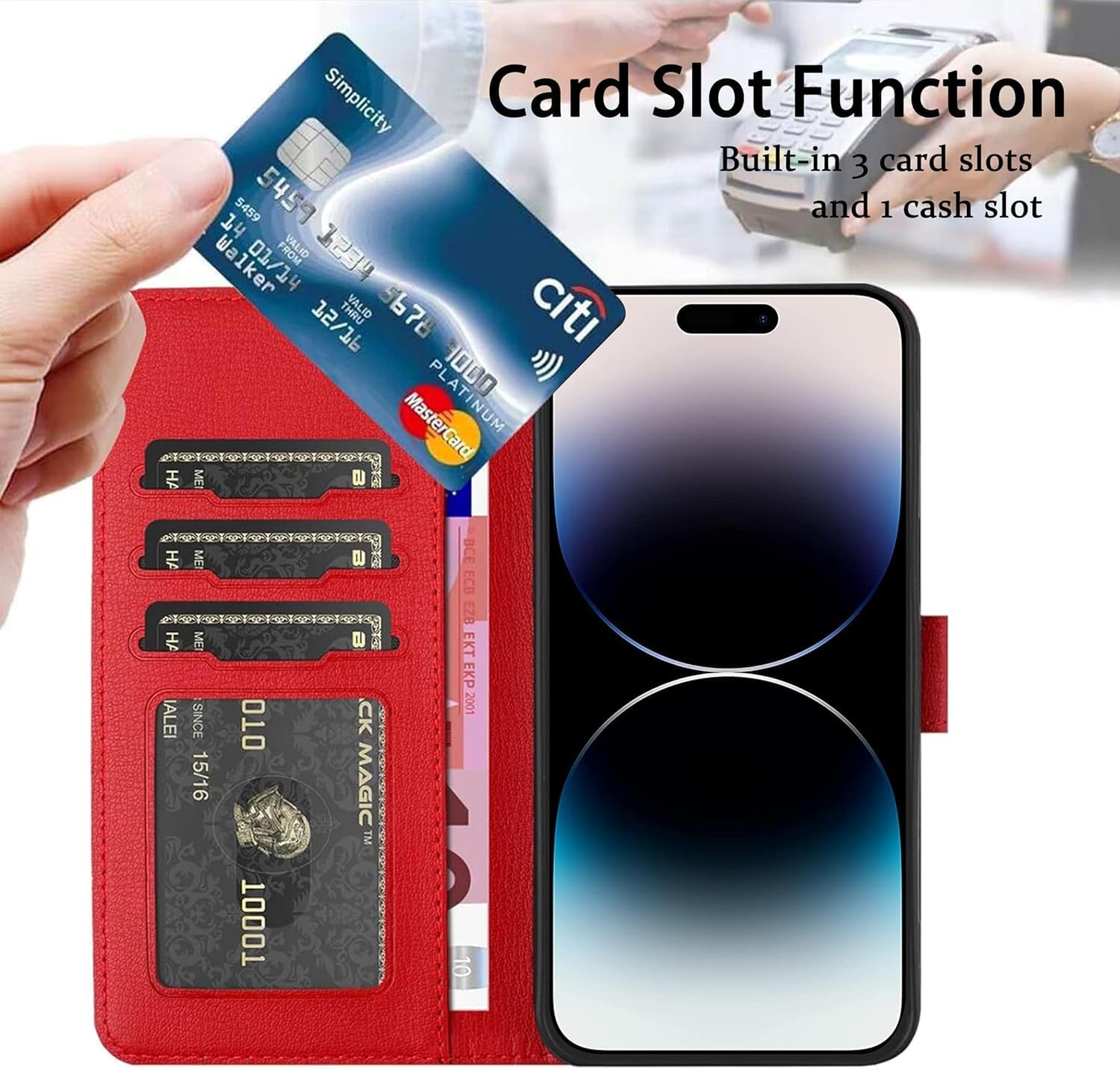 Detalle de Generische Katzenmuster Geldbörse Handyhülle für iPhone 15 Pro Max – PU+TPU Leder, Magnetverschluss, Karten- und Geldfach, Standfunktion, Rot